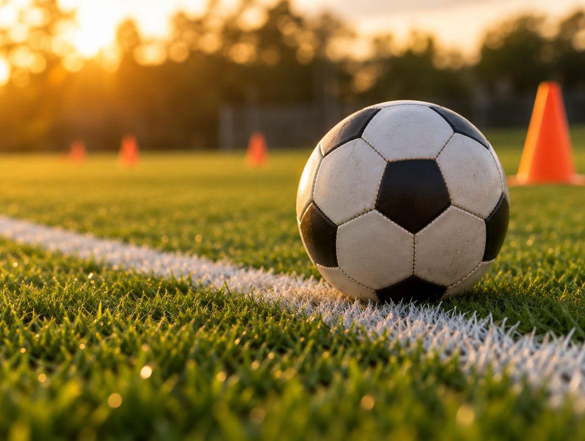 A football on the white touchline, with training cones behind it at sunset